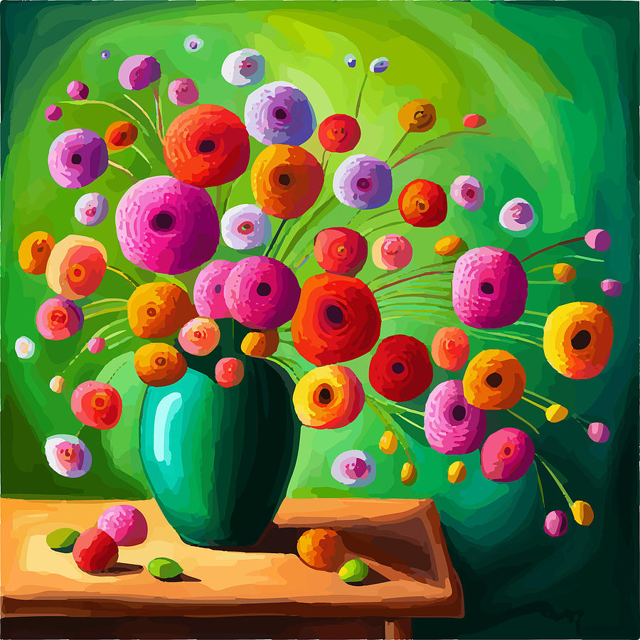 Abstract Digital Art - Cute Abstract Flowers in a Green Vase #2 by Vicky Brago-Mitchell