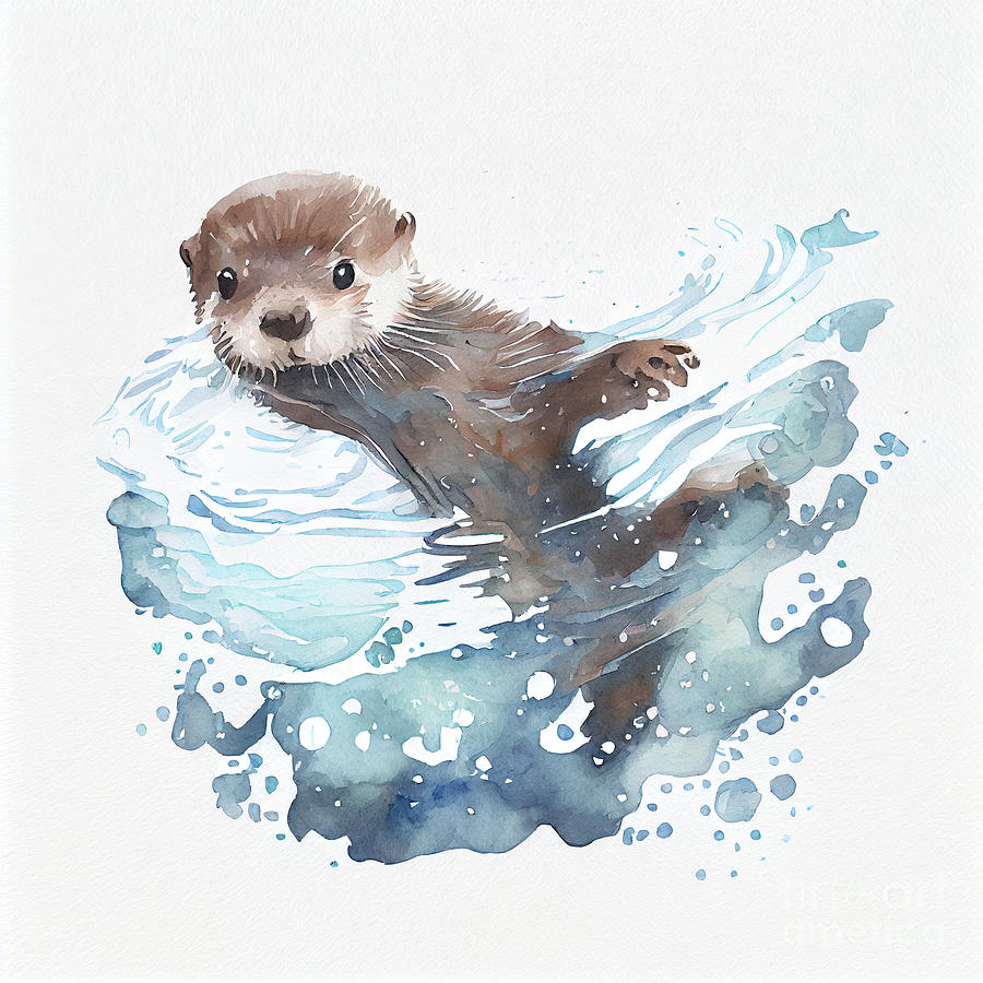 Cute baby otter swimming through the ocean by Asar Studios Digital Art ...