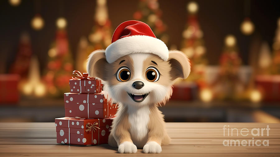 Cute puppy in Santa hat and gift boxes  #2 Digital Art by Odon Czintos