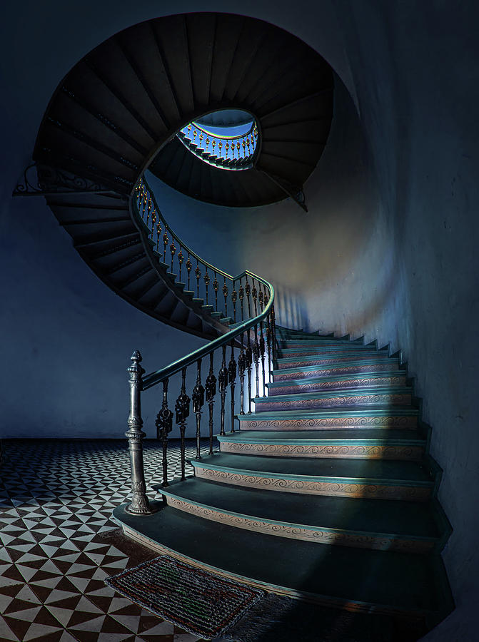 Dark blue spiral staircase #2 Photograph by Jaroslaw Blaminsky