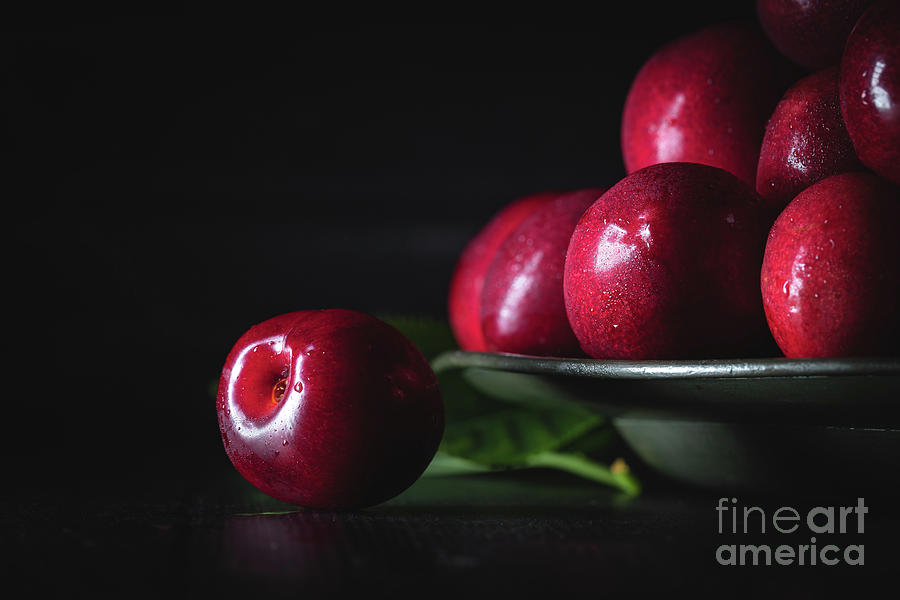 Dark red cherries on a pewter plate #2 Photograph by Jane Rix