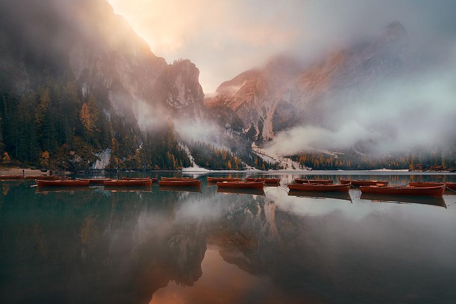 Dolomites sunrise reflection #2 Photograph by Songquan Deng