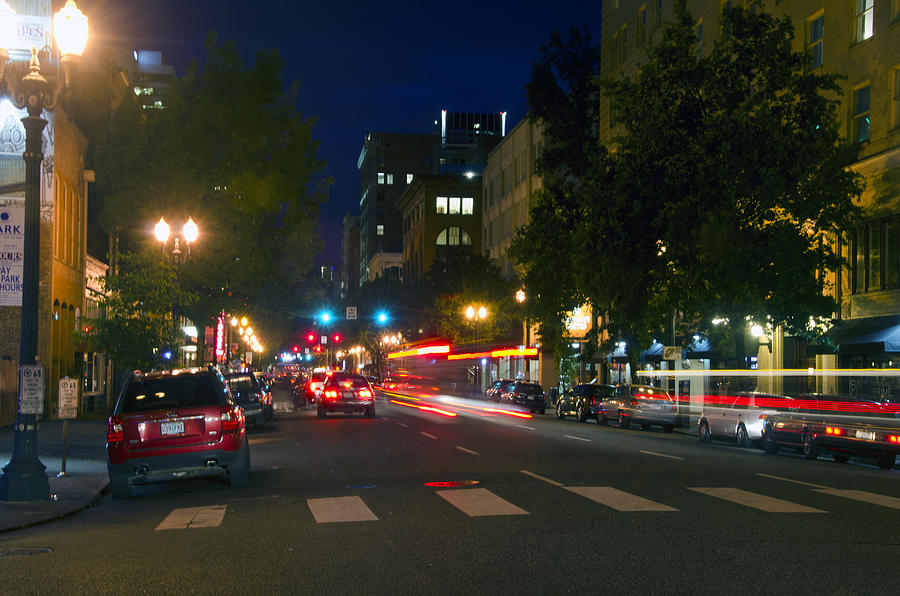 Downtown night street lights #2 Photograph by Mitch Diamond