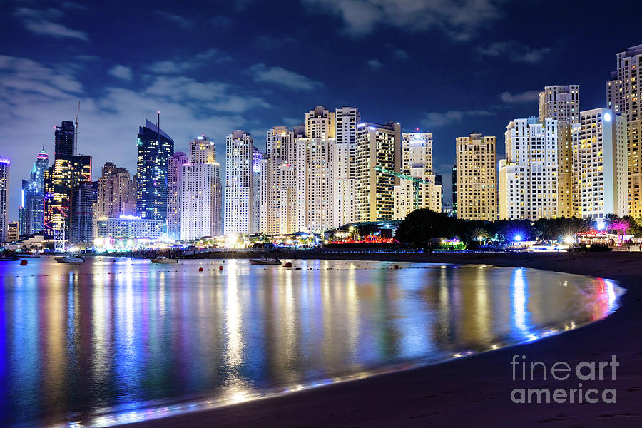 Dubai jumeirah beach with marina skyscrapers in UAE at night ...