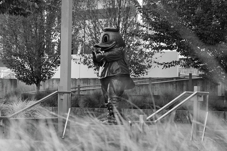 Duck statue at the University of Oregon in black and white #2 Photograph by Eldon McGraw