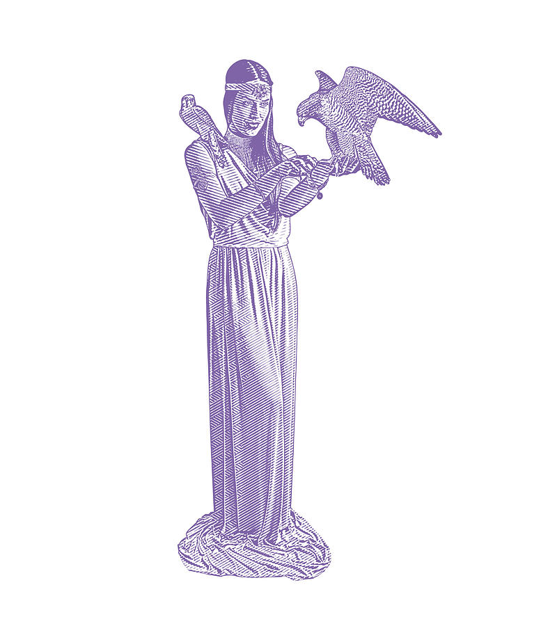 Earth Goddess holding Peregrine Falcon and American Kestrel #2 Drawing by GeorgePeters