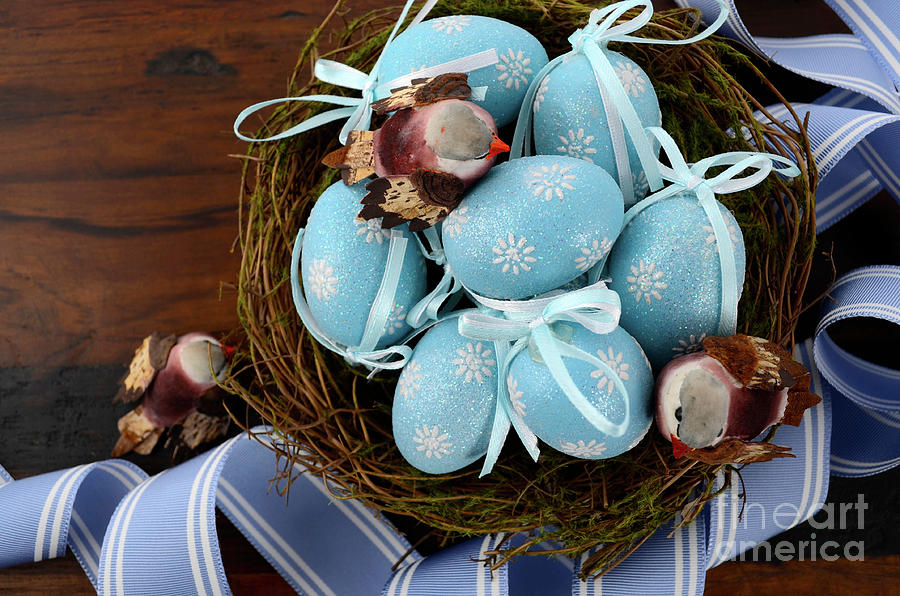 Easter birds nest with blue eggs. #2 Photograph by Milleflore Images