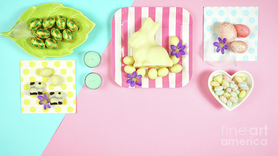 Easter Photograph - Easter creative layout flat lay with chocolate bunnies and Easter eggs. #2 by Milleflore Images