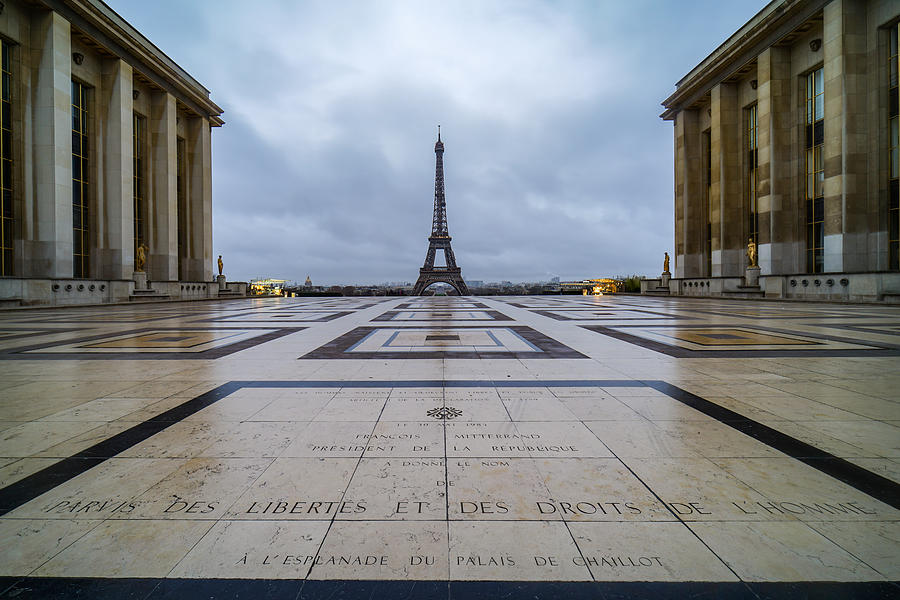 Eiffel Tower In Paris, France, Seen From Trocadero On A Rainy Morning At Blue Hour. Photograph