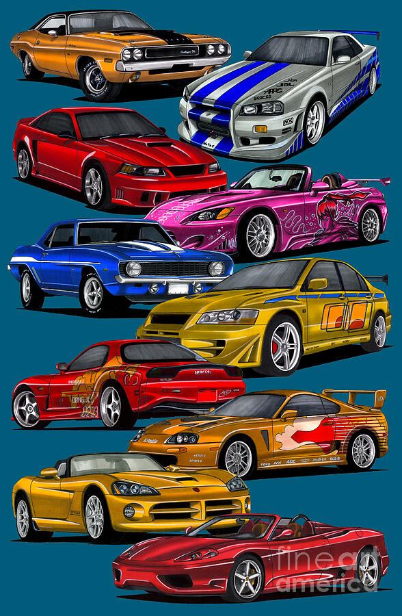 The Fast and the Furious 2. Car Skyline, Saleen, S2000, Camaro, RX-7,  Supra, Viper, Lancer Evo, F360 Drawing by Vladyslav Shapovalenko - Fine Art  America