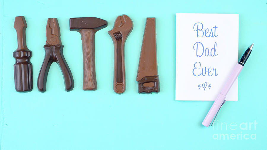 Fathers Day overhead of chocolate tool set with Best Dad Ever greeting card #2 Photograph by Milleflore Images