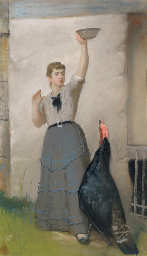 Eastman Johnson Painting - Feeding the Turkey  #2 by Eastman Johnson