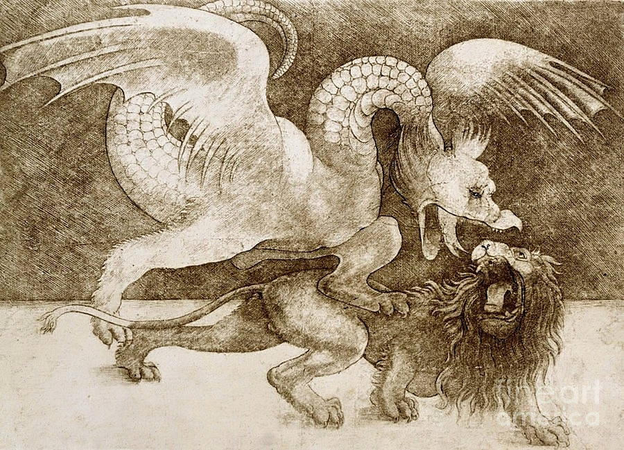 Fight between a Dragon and a Lion #2 Painting by Leonardo da Vinci