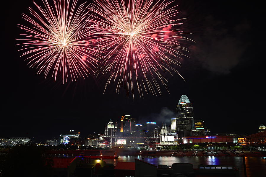 Fireworks Cincinnati Skyline Photograph by Jim Mohrfield Fine Art America