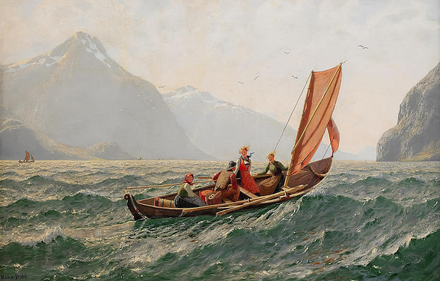 Fjord With Sailing Boat By Hans Dahl Painting