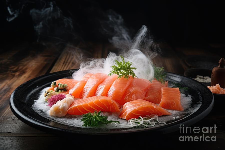 Flat lay top view on a salmon sashimi dish #2 Digital Art by Benny Marty
