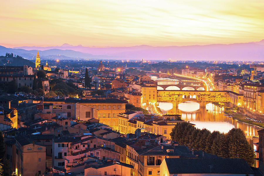 Florence cityscape and Arno river bridges sunset view #2 Photograph by Brch Photography