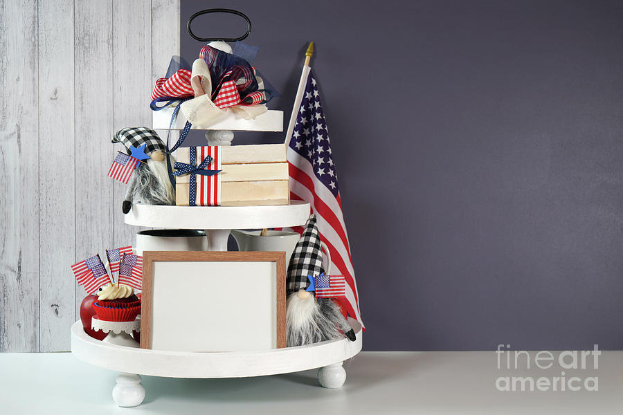 Fourth July Farmhouse aesthetic three tiered tray decor. #2 Photograph by Milleflore Images