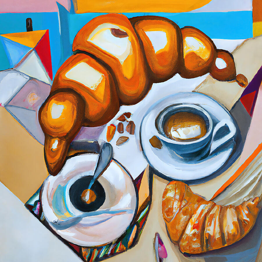 Coffee Painting - Fresh Croissant And Coffee - Funky Abstract Style #2 by StellArt Studio