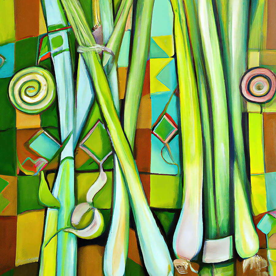 Onion Painting - Fresh Green Scallions - Funky Vegetables Abstract #2 by StellArt Studio