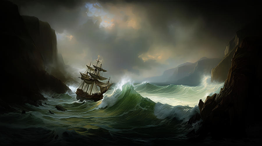 Frigate sailing in rough seas Digital Art by Fine Art Attic - Pixels
