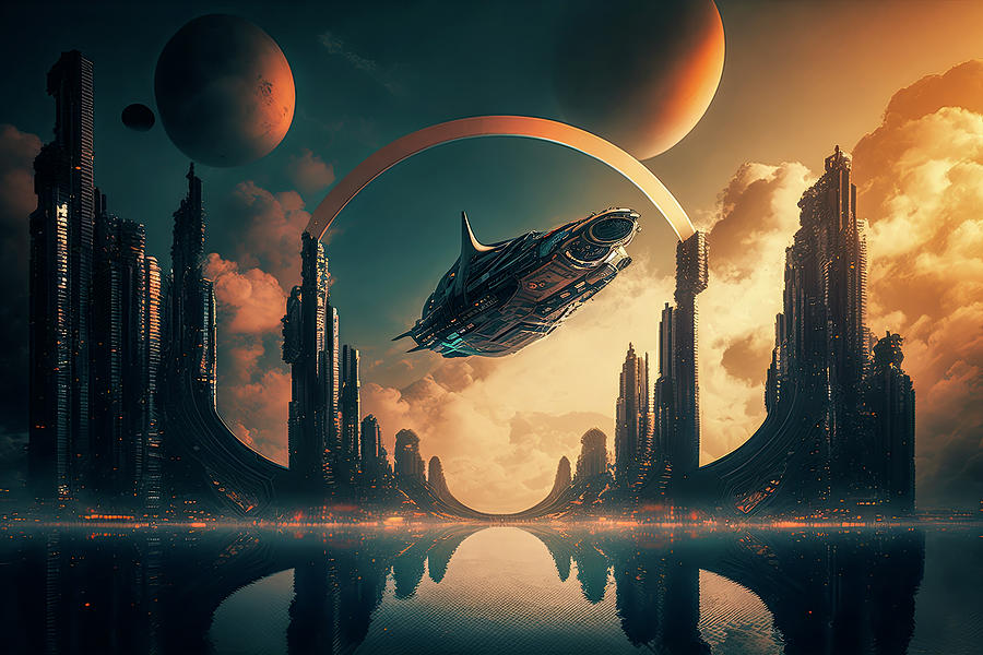 Generative Ai Illustration Of Futuristic Sci-fi Humanoid City On Photograph
