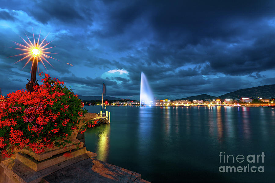 Geneva skyline night #2 Photograph by Benny Marty