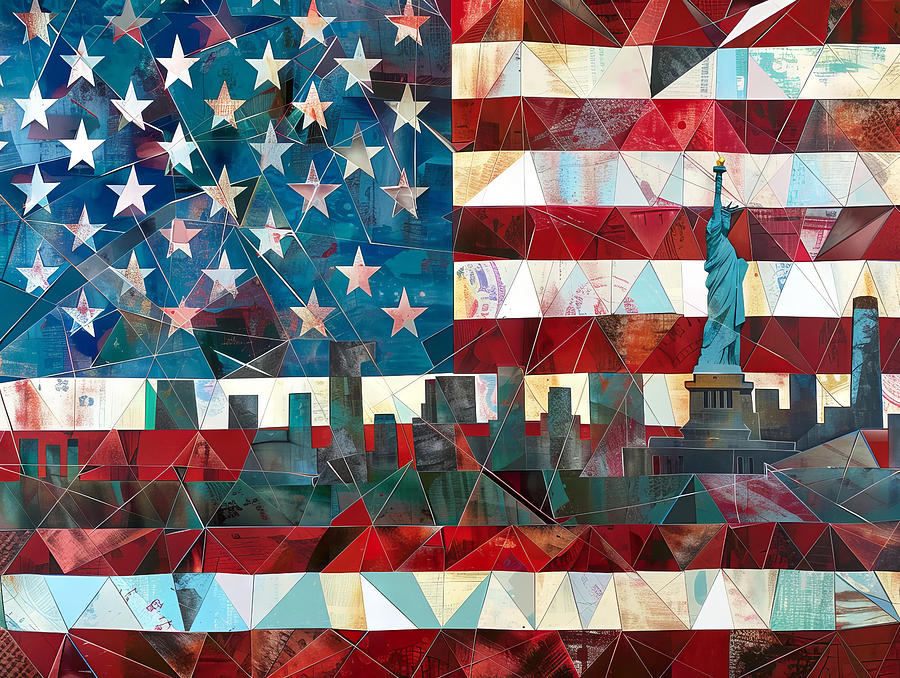 Geodesic American flag and Cubist Landmarks #2 Digital Art by Karen Foley