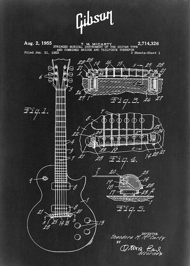 Gibson Les Paul Blueprint Digital Art by Christophe Henin - Pixels