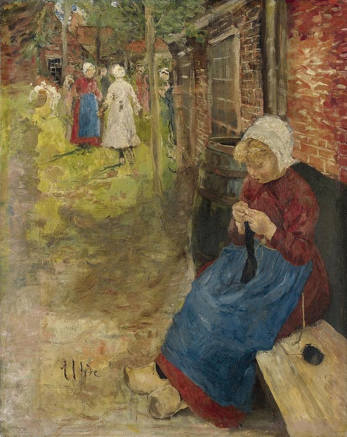Fritz Painting - Girl knitting #2 by Fritz von Uhde