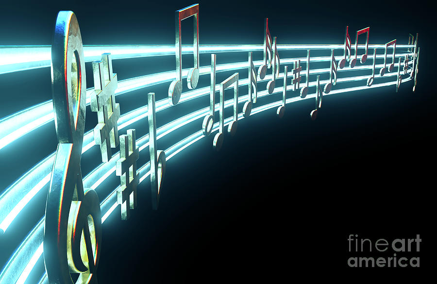 Music Digital Art - Gold Music Notes On Neon Lines #2 by Allan Swart