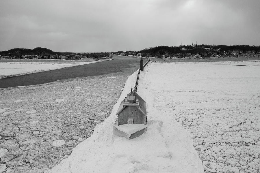 Grand Haven Michigan lighthouse in the winter in black and white #2 Photograph by Eldon McGraw