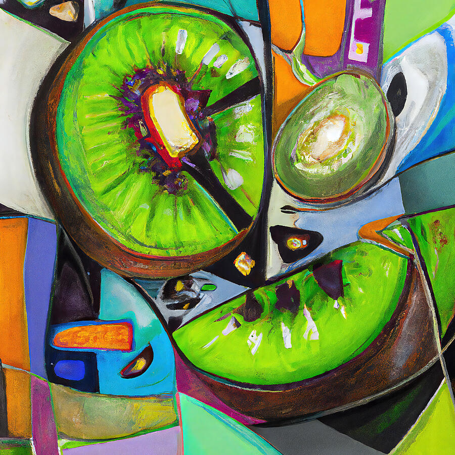 Abstract Painting - Green Juicy Fresh Kiwi Fruit Slices - Funky Geometric Abstract #2 by StellArt Studio