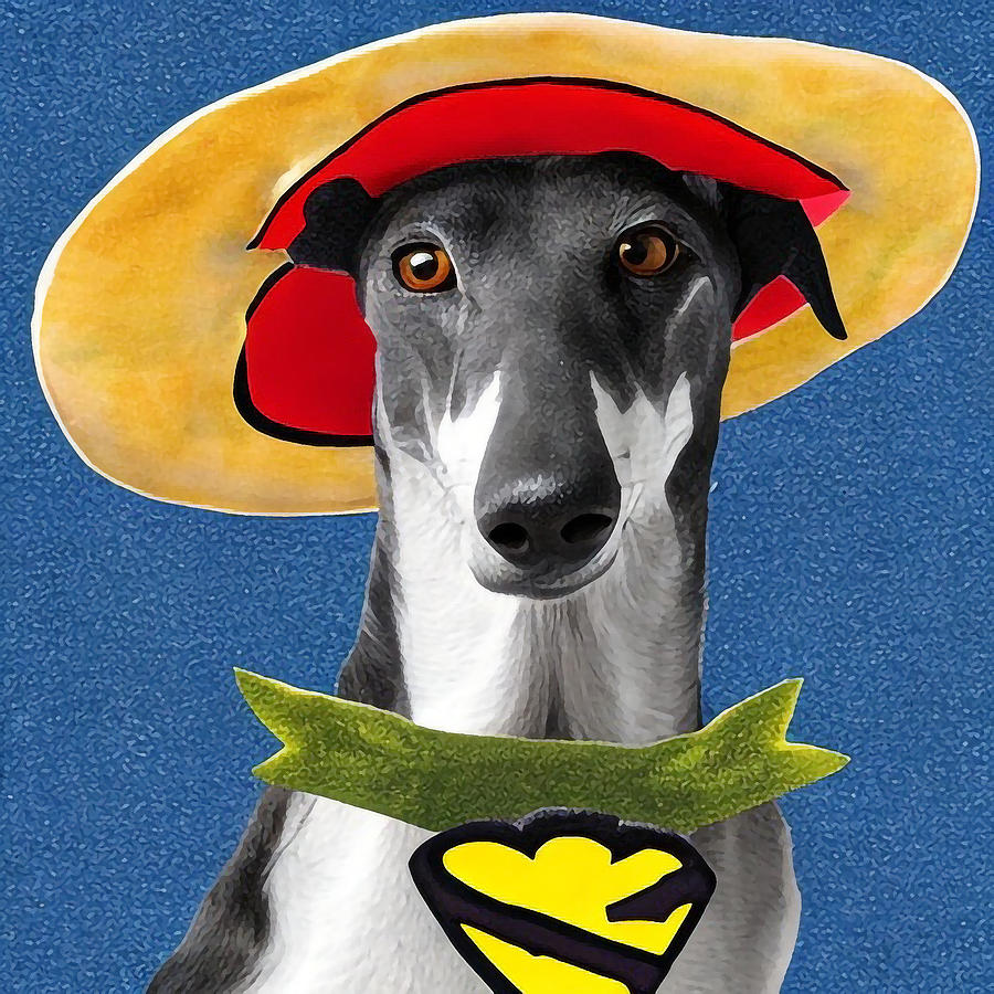 Greyhound dressed up in silly costumes like a superhero or a cowboy Digital Art by Adrien Efren