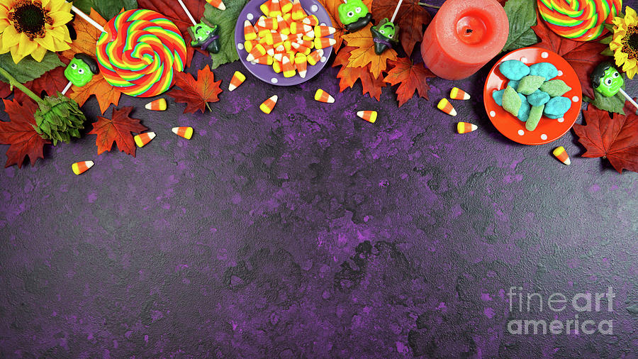 Halloween Trick or Treat desktop workspace blog header overhead flat lay. #2 Photograph by Milleflore Images