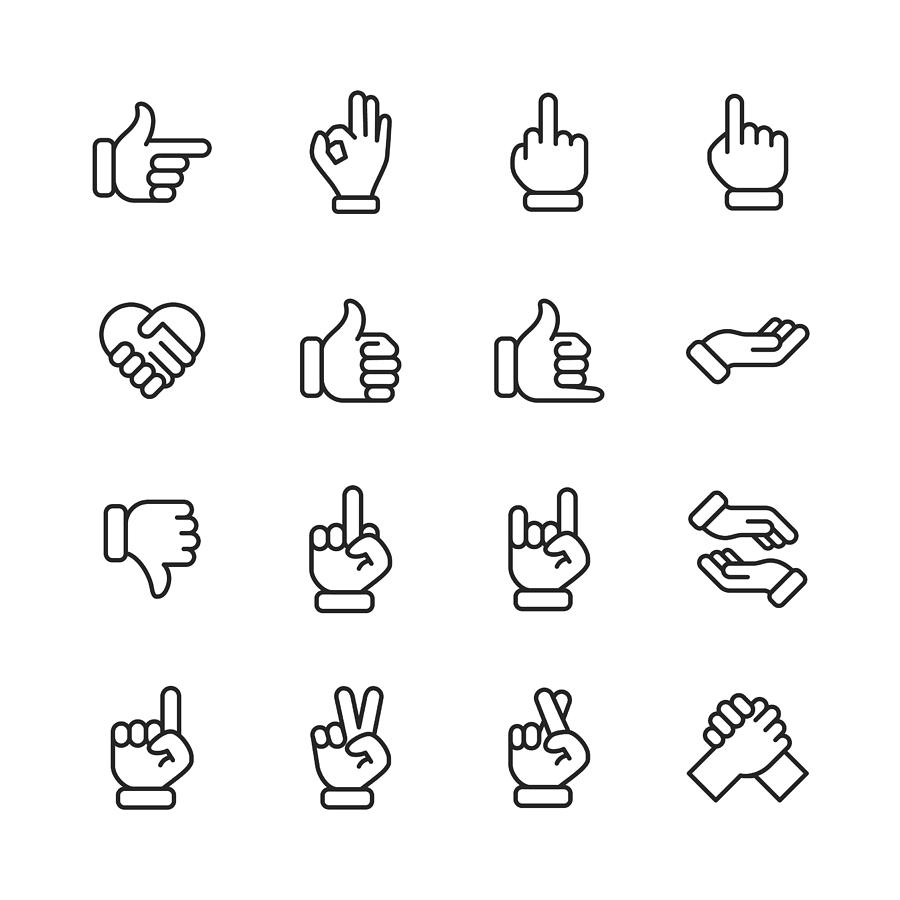 Hand Gestures Line Icons. Editable Stroke. Pixel Perfect. For Mobile and Web. Contains such icons as Gesture, Hand, Charity and Relief Work, Finger, Greeting, Handshake, A Helping Hand, Clapping, Teamwork. #2 Drawing by Rambo182