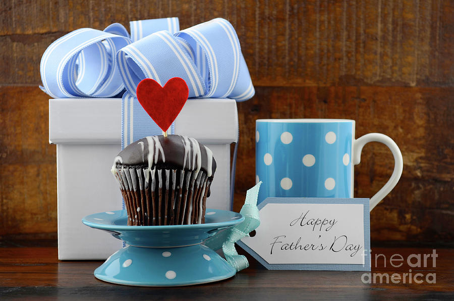 Happy Fathers Concept with blue and white gift and cupcake.  #2 Photograph by Milleflore Images