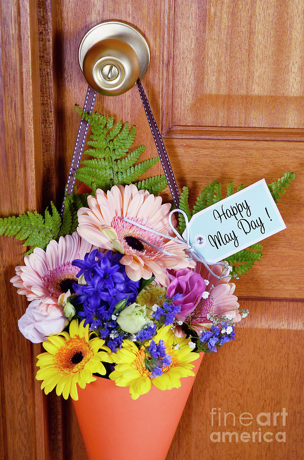 Happy May Day gift of flowers on door.  #2 Photograph by Milleflore Images