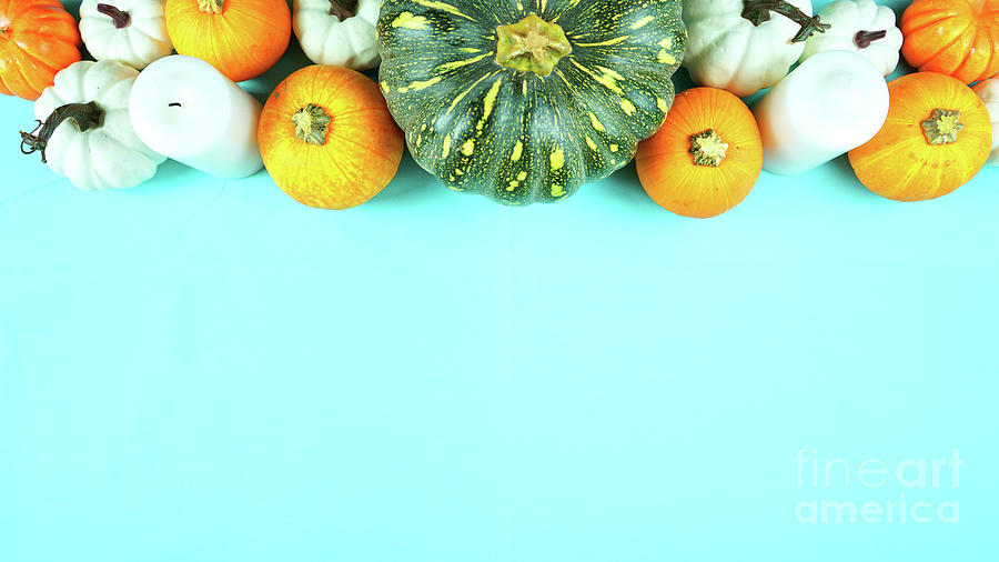 Thanksgiving Photograph - Happy Thanksgiving setting modern elegant blue orange and white table flat lay. #2 by Milleflore Images