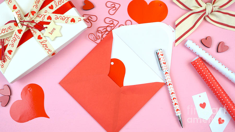 Happy Valentines Day overhead flat lay writing card. #2 Photograph by Milleflore Images