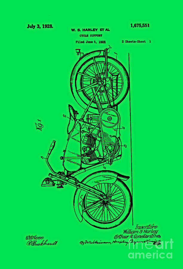 Harley Davidson Patent Mechanical Drawing 1920s Vertical Green Background Drawing by Peter Ogden