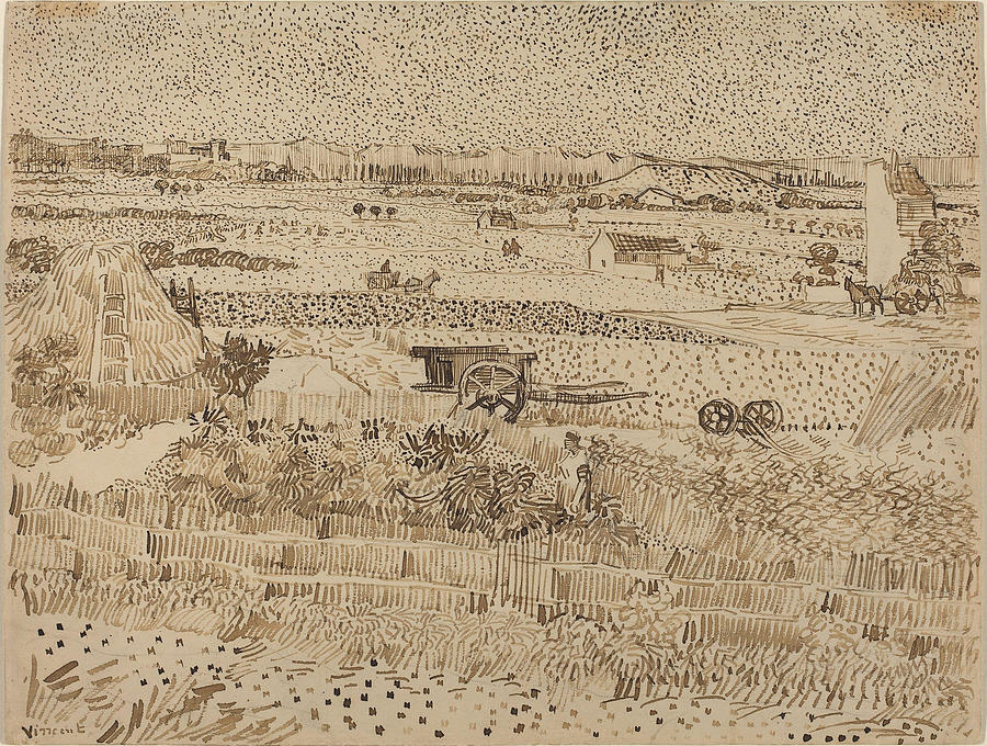 Harvest, The Plain of La Crau #3 Drawing by Vincent van Gogh