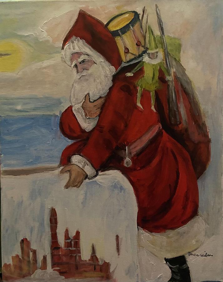 Santa Down the Chimney  Painting by Denice Palanuk Wilson