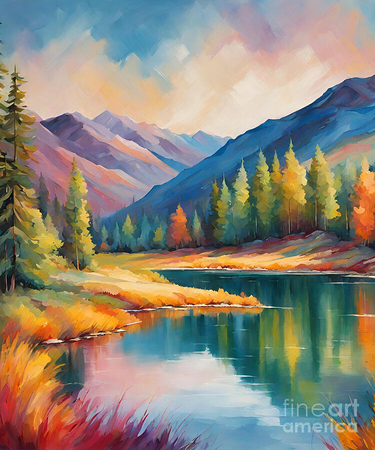 Mountain Painting - Hills and Lake painting #2 by Naveen Sharma