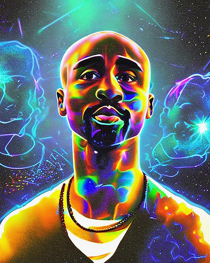 Hologram Of Tupac Floating In Space A Vibrant Digital Illustration