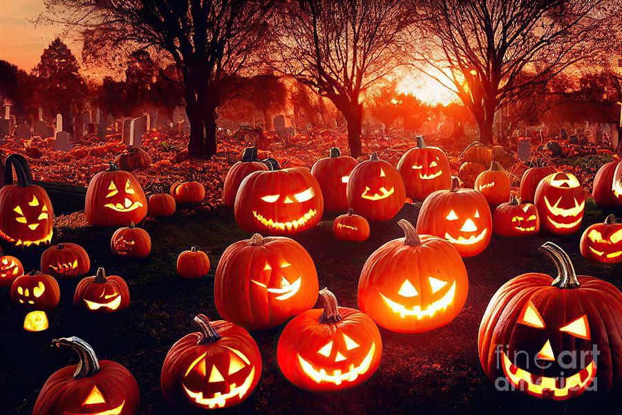 horror pumpkins of Halloween in the cemetery #2 Digital Art by Benny Marty