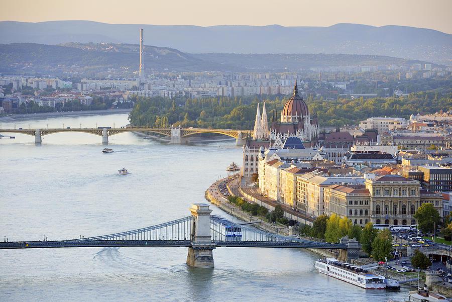 Hungary, Budapest, View to River Danube, Chain Bridge and Parliament Buildung, Margaret Bridge and Margaret Island #2 Photograph by Westend61