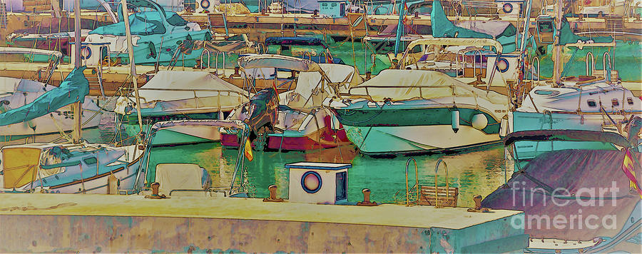 Illustration Of A Small Port With Yachts And Ships In Sunny Spai Digital Art