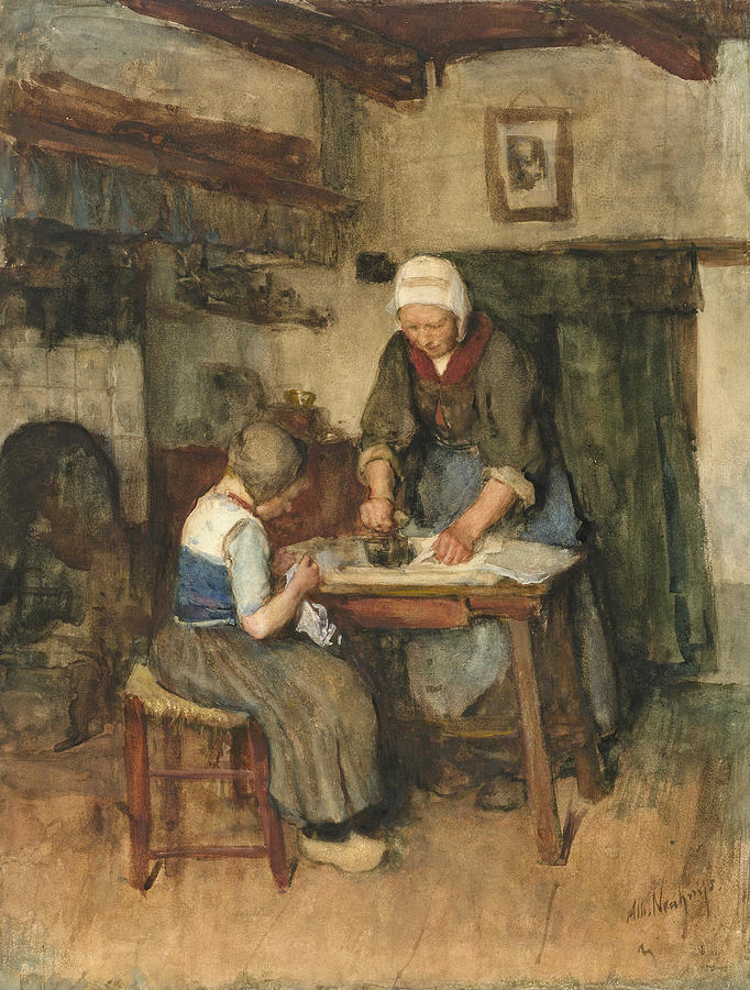 Interior with Woman Ironing and Sewing Child #3 Drawing by Albert Neuhuys