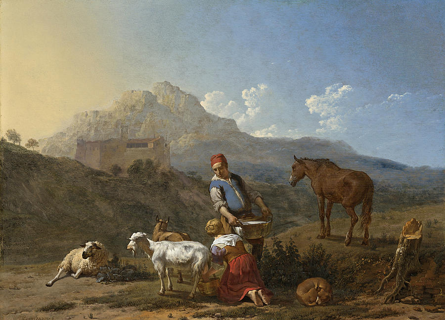 Italian Landscape with Girl Milking a Goat #3 Painting by Karel Dujardin